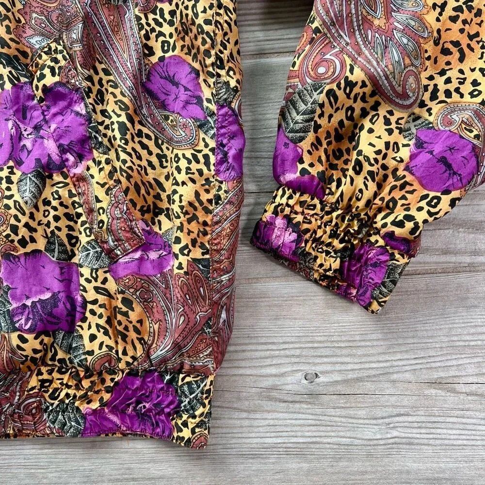 Retro Silk Road Womens Multicolor Paisley‎ Floral Animal Print Bomber Jacket M - Picture 4 of 8